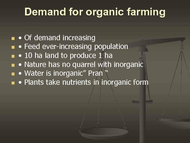 Demand for organic farming n n n • • • Of demand increasing Feed