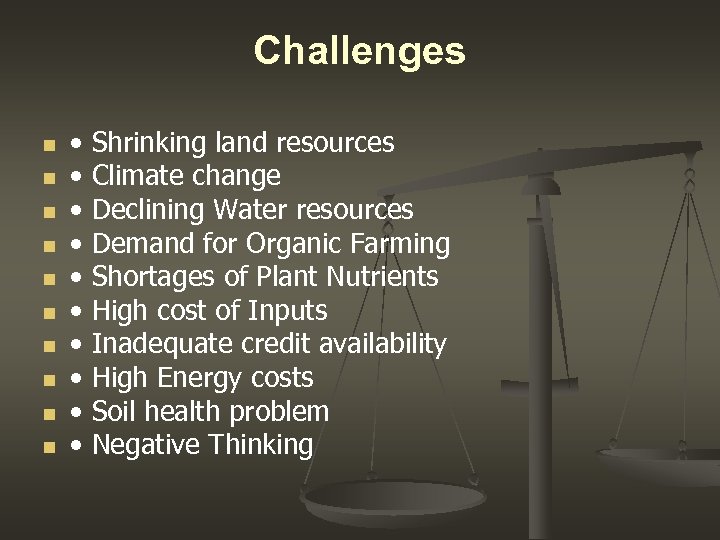 Challenges n n n n n • • • Shrinking land resources Climate change
