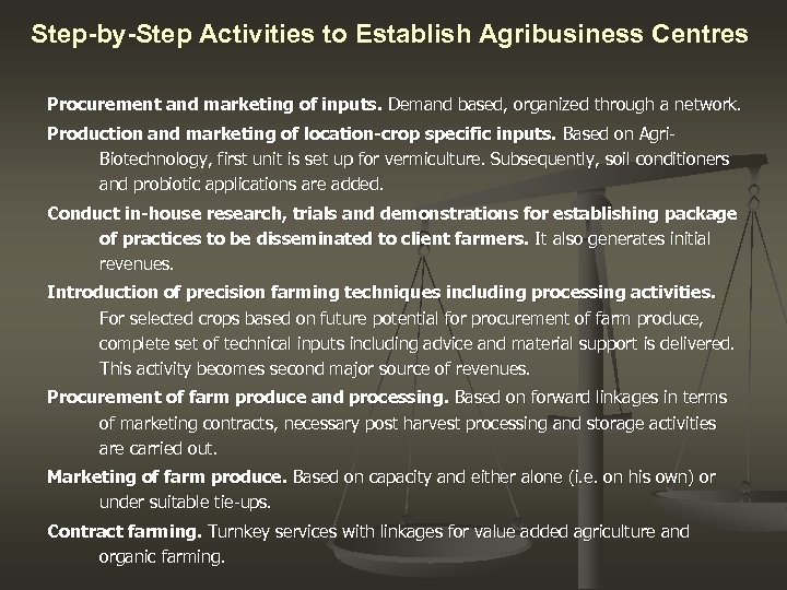Step-by-Step Activities to Establish Agribusiness Centres Procurement and marketing of inputs. Demand based, organized
