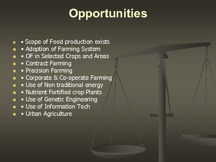 Opportunities n n n • Scope of Food production exists • • • Adoption
