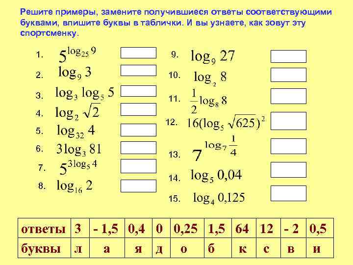 Решите примеры, замените получившиеся ответы соответствующими буквами, впишите буквы в таблички. И вы узнаете,