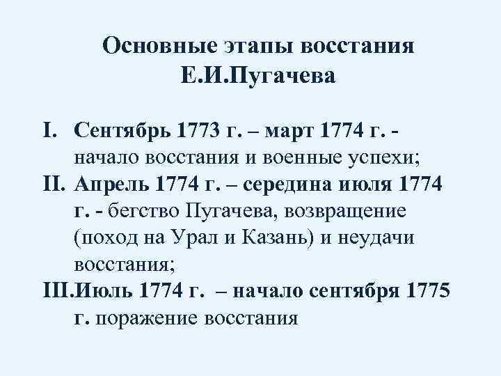 Основные этапы восстания Е. И. Пугачева I. Сентябрь 1773 г. – март 1774 г.