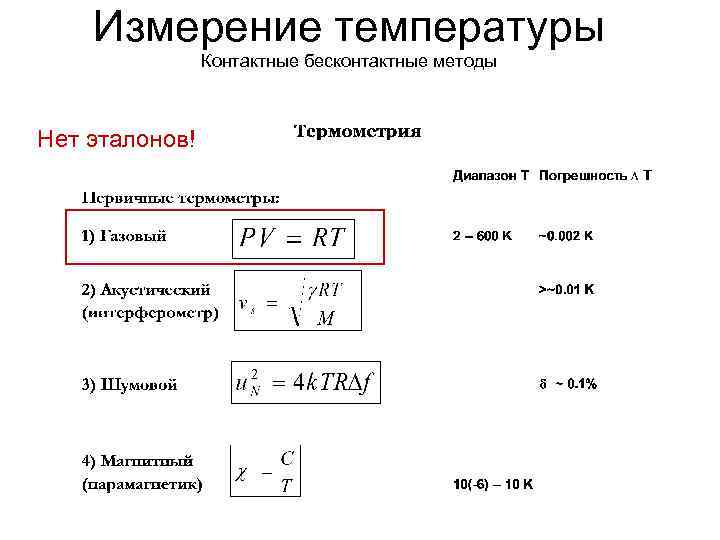 Измерение температуры Контактные бесконтактные методы Нет эталонов! 