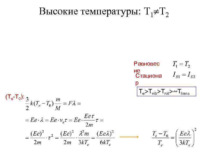 Высокие температуры: T 1 T 2 Равновес ие Стациона р (Te-T 0): Te>Tvib>Trot>~Ttrans 