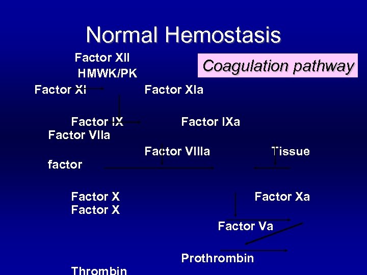 Normal Hemostasis Factor XII Coagulation HMWK/PK Factor XIa Factor IX Factor VIIa factor pathway