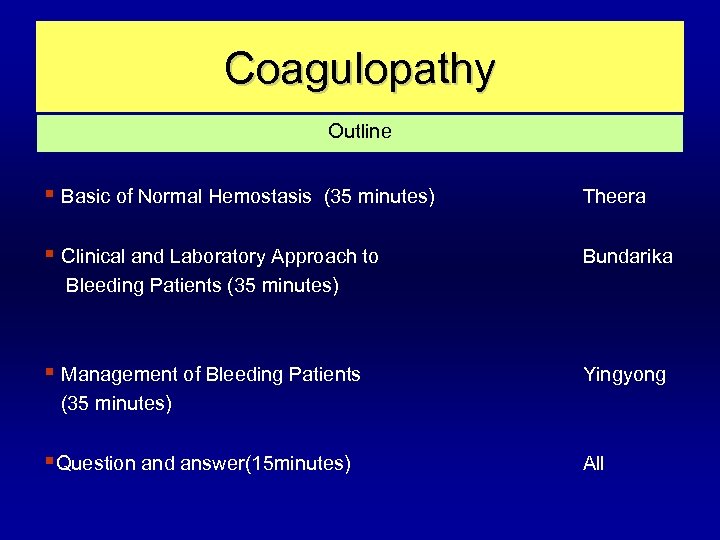 Coagulopathy Outline § Basic of Normal Hemostasis (35 minutes) § Clinical and Laboratory Approach