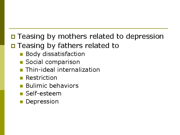 Teasing by mothers related to depression p Teasing by fathers related to p n