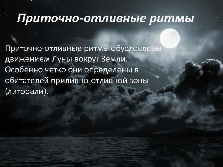 Приточно-отливные ритмы обусловлены движением Луны вокруг Земли. Особенно четко они определены в обитателей приливно-отливной