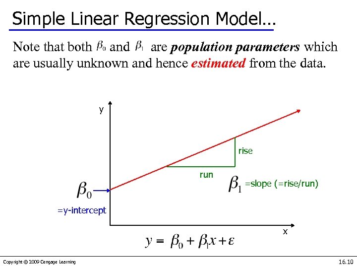 Simple Linear Regression Model… Note that both and are population parameters which are usually