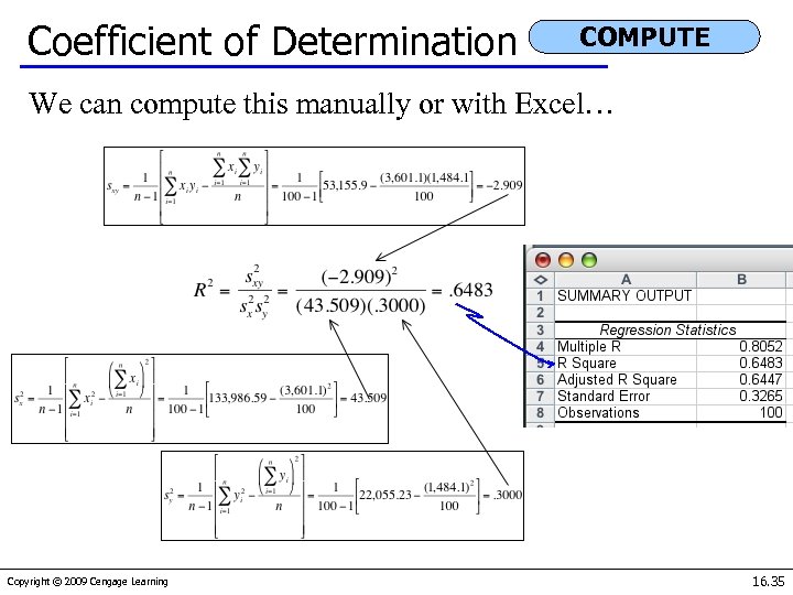 Coefficient of Determination COMPUTE We can compute this manually or with Excel… Copyright ©