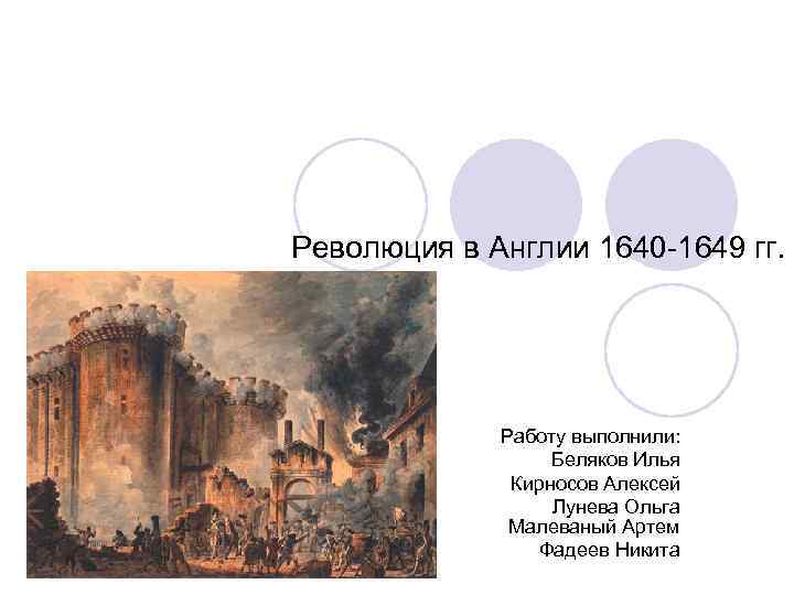 Революция в Англии 1640 -1649 гг. Работу выполнили: Беляков Илья Кирносов Алексей Лунева Ольга