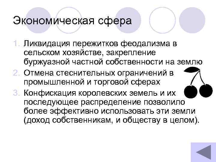 Экономическая сфера 1. Ликвидация пережитков феодализма в сельском хозяйстве, закрепление буржуазной частной собственности на