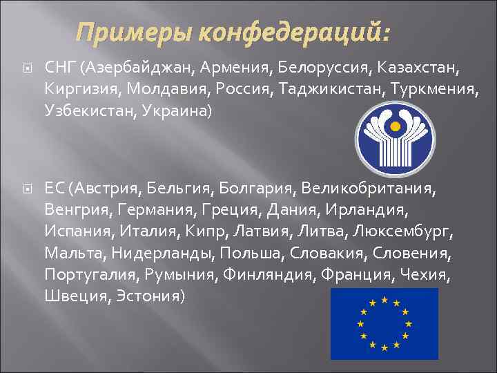 Примеры конфедераций: СНГ (Азербайджан, Армения, Белоруссия, Казахстан, Киргизия, Молдавия, Россия, Таджикистан, Туркмения, Узбекистан, Украина)