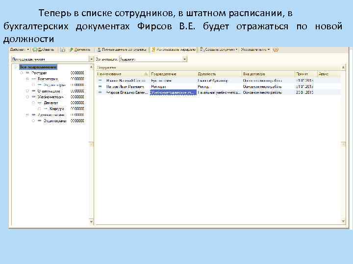 Теперь в списке сотрудников, в штатном расписании, в бухгалтерских документах Фирсов В. Е. будет