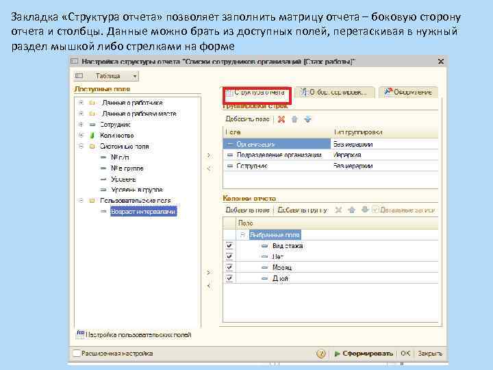Закладка «Структура отчета» позволяет заполнить матрицу отчета – боковую сторону отчета и столбцы. Данные