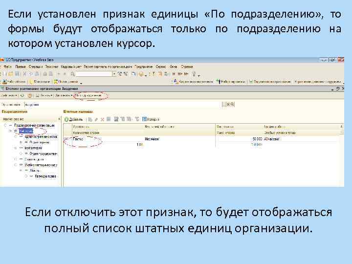 Если установлен признак единицы «По подразделению» , то формы будут отображаться только по подразделению