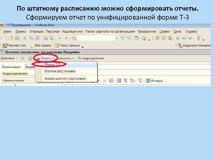 По штатному расписанию можно сформировать отчеты. Сформируем отчет по унифицированной форме Т-3 