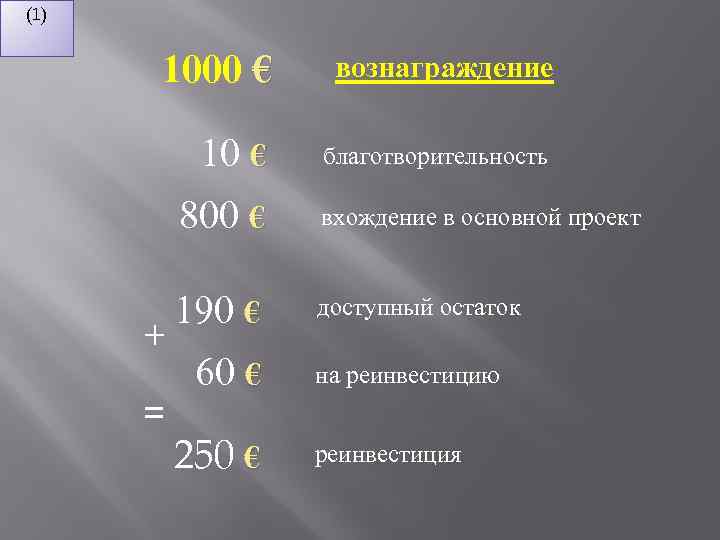 (1) 1000 € вознаграждение 10 € благотворительность 800 € + = вхождение в основной