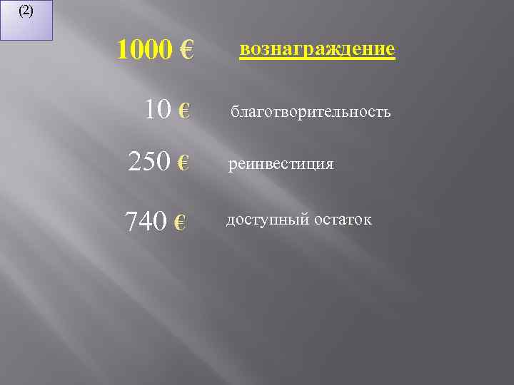 (2) 1000 € вознаграждение 10 € благотворительность 250 € реинвестиция 740 € доступный остаток