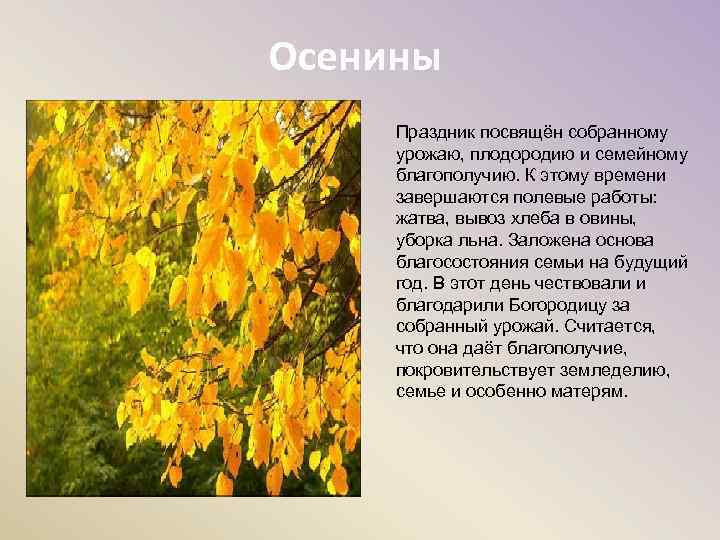 Осенины Праздник посвящён собранному урожаю, плодородию и семейному благополучию. К этому времени завершаются полевые