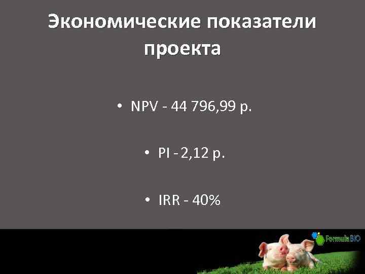 Экономические показатели проекта • NPV - 44 796, 99 р. • PI - 2,