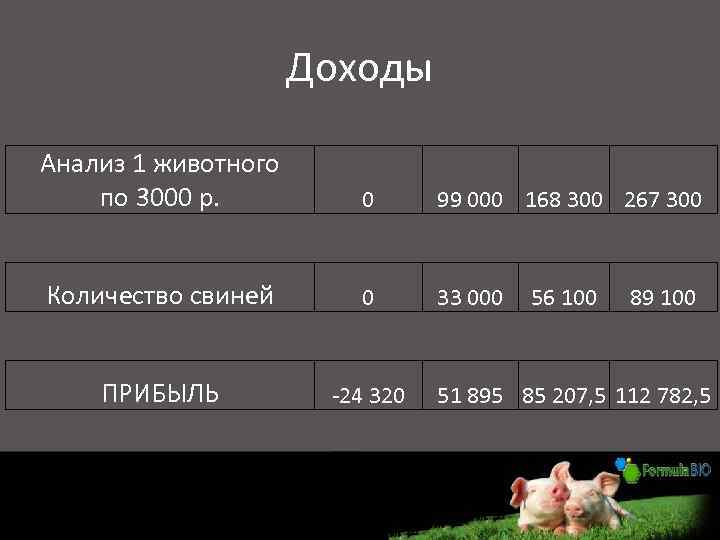 Доходы Анализ 1 животного по 3000 р. 0 99 000 168 300 267 300