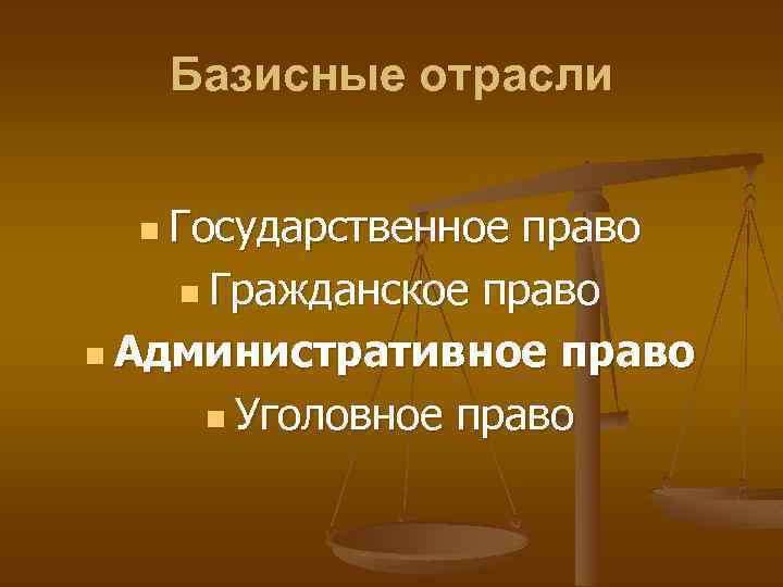 Базисные отрасли n Государственное право n Гражданское право n Административное право n Уголовное право