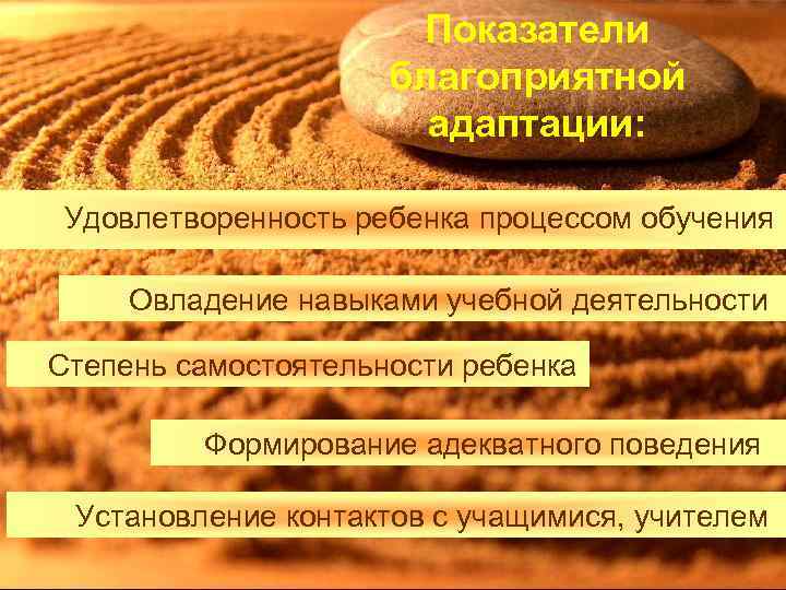 Показатели благоприятной адаптации: Удовлетворенность ребенка процессом обучения Овладение навыками учебной деятельности Степень самостоятельности ребенка