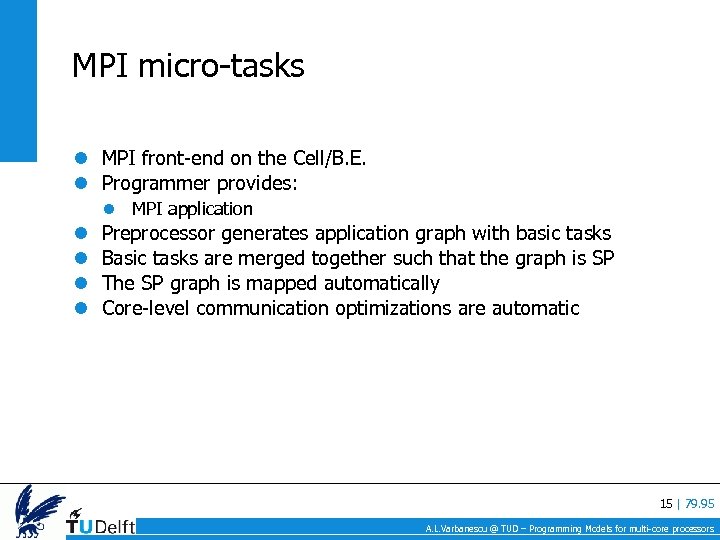 MPI micro-tasks MPI front-end on the Cell/B. E. Programmer provides: MPI application Preprocessor generates