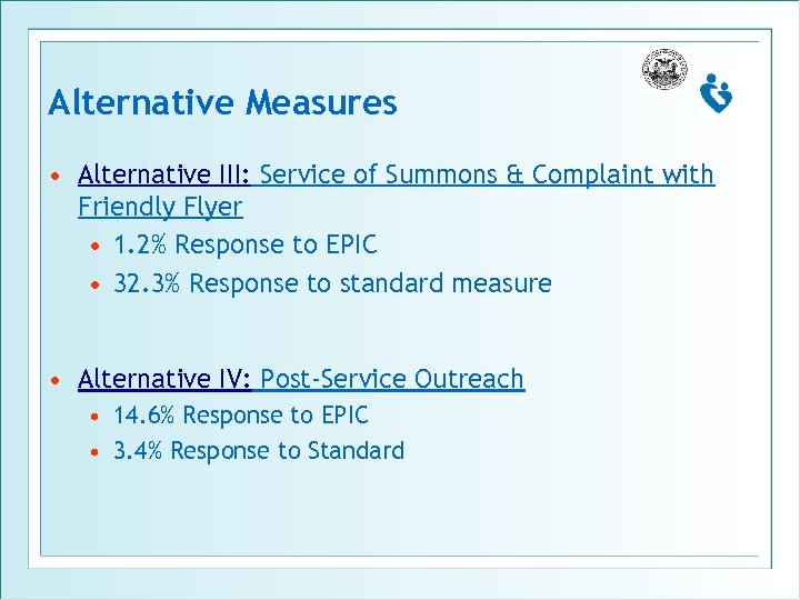 Alternative Measures • Alternative III: Service of Summons & Complaint with Friendly Flyer •