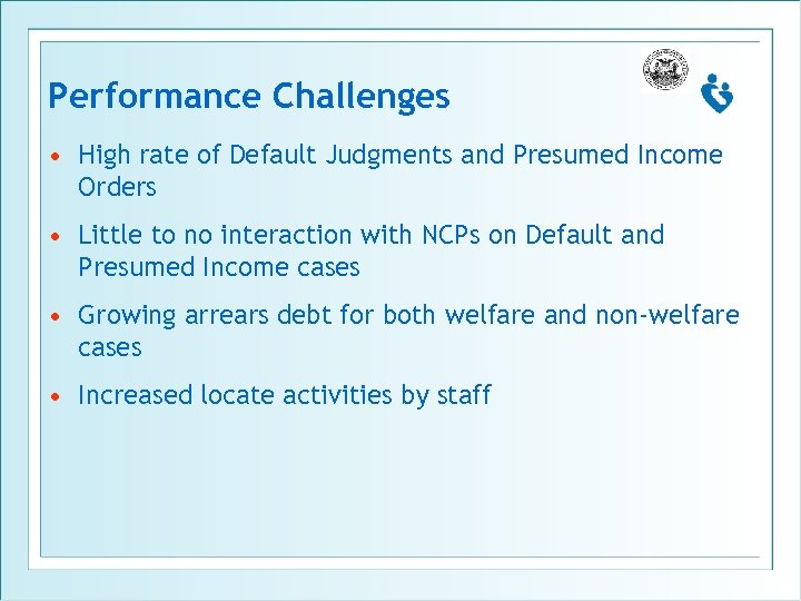 Performance Challenges • High rate of Default Judgments and Presumed Income Orders • Little
