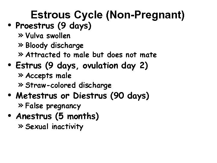  • • Estrous Cycle (Non-Pregnant) Proestrus (9 days) » Vulva swollen » Bloody