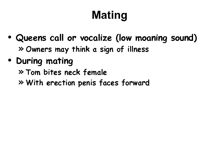 Mating • • Queens call or vocalize (low moaning sound) » Owners may think