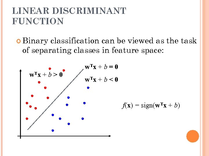 LINEAR DISCRIMINANT FUNCTION Binary classification can be viewed as the task of separating classes