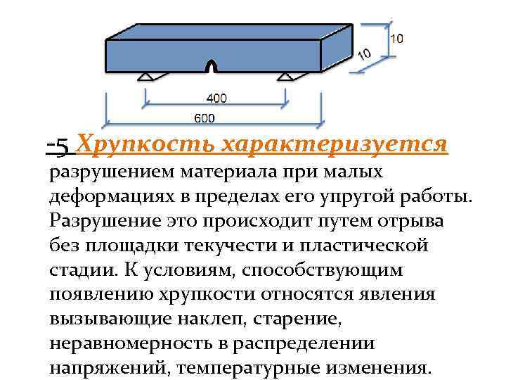 10 10 400 600 -5 Хрупкость характеризуется разрушением материала при малых деформациях в пределах