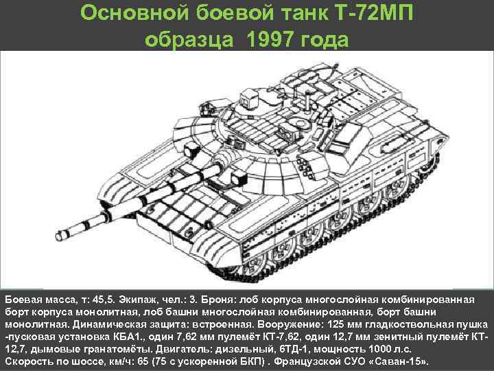 Основной боевой танк Т 72 МП образца 1997 года Боевая масса, т: 45, 5.