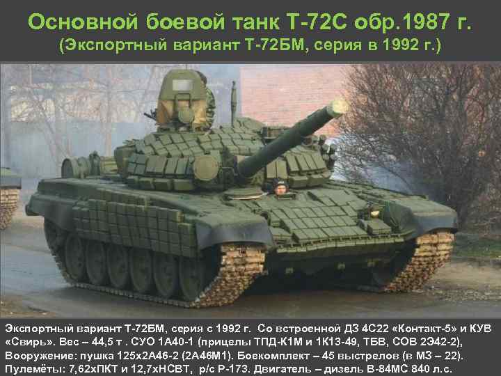 Основной боевой танк Т 72 С обр. 1987 г. (Экспортный вариант Т 72 БМ,