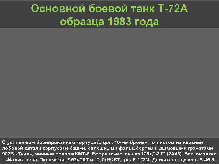 Основной боевой танк Т 72 А образца 1983 года С усиленным бронированием корпуса (с