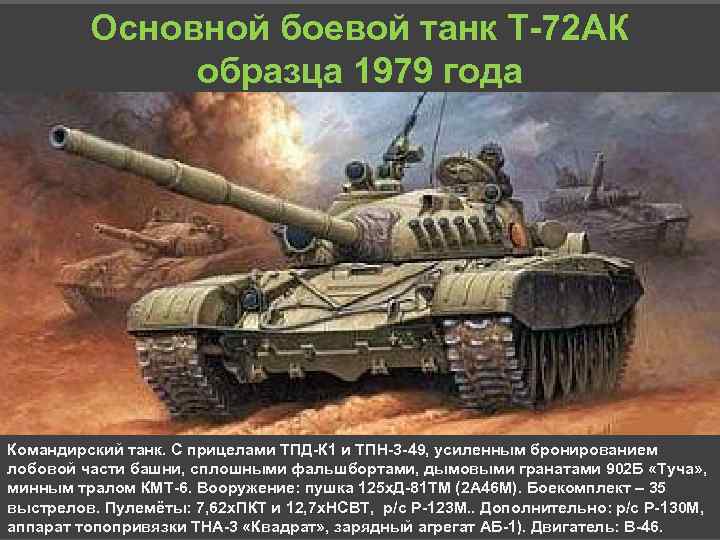 Основной боевой танк Т 72 АК образца 1979 года Командирский танк. С прицелами ТПД