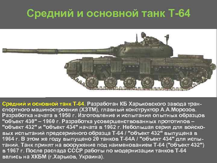 Средний и основной танк Т 64. Разработан КБ Харьковского завода тран спортного машиностроения (ХЗТМ),