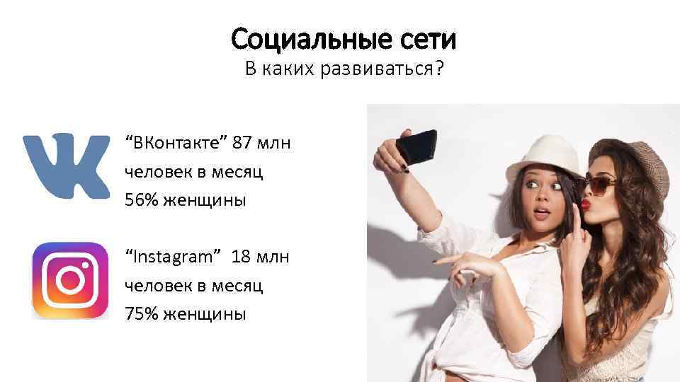 Социальные сети В каких развиваться? “ВКонтакте” 87 млн человек в месяц 56% женщины “Instagram”