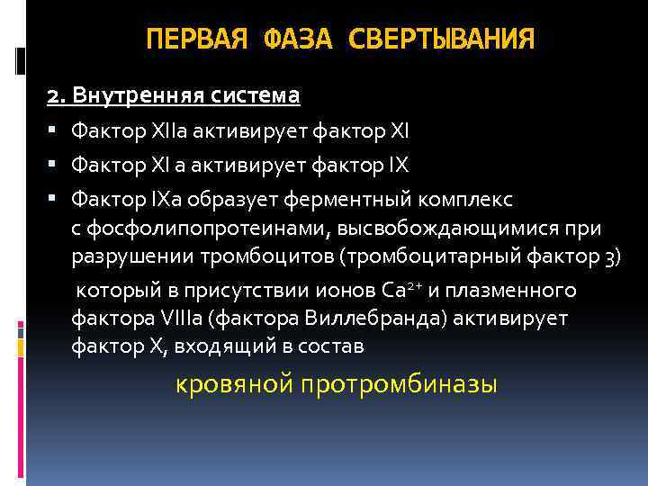 ПЕРВАЯ ФАЗА СВЕРТЫВАНИЯ 2. Внутренняя система Фактор ХIIа активирует фактор XI Фактор XI а