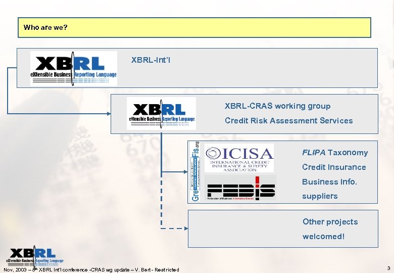 Who are we? XBRL-Int’l XBRL-CRAS working group Credit Risk Assessment Services FLIPA Taxonomy Credit