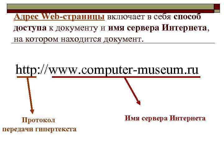 Адрес Web-страницы включает в себя способ доступа к документу и имя сервера Интернета, на