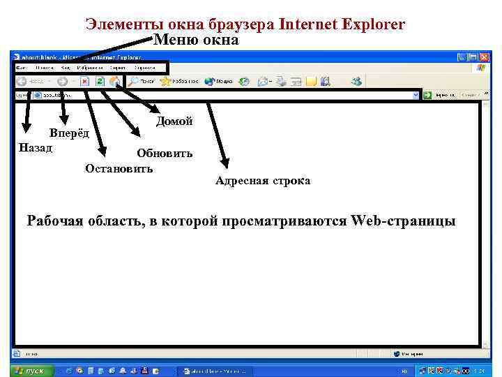 Элементы окна браузера Internet Explorer Меню окна Вперёд Назад Домой Обновить Остановить Адресная строка