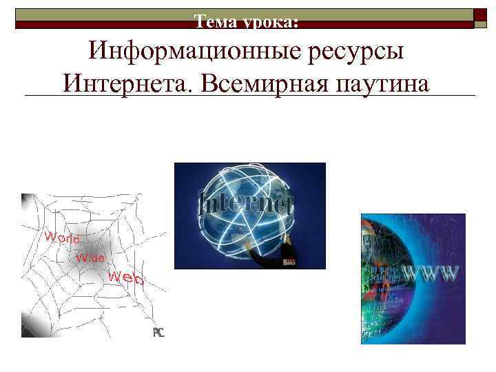 Тема урока: Информационные ресурсы Интернета. Всемирная паутина 
