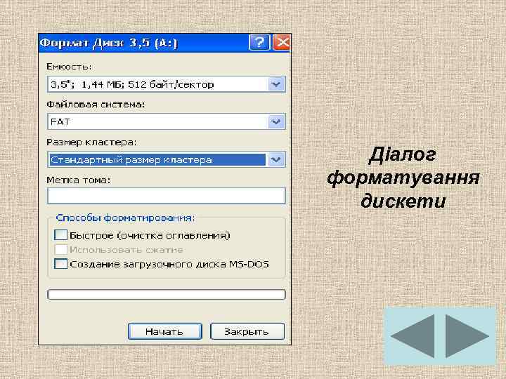 Діалог форматування дискети 