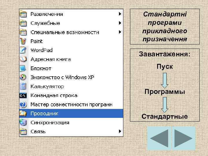 Стандартні програми прикладного призначення Завантаження: Пуск Программы Стандартные 