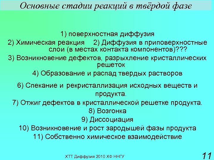 Основные стадии реакций в твёрдой фазе 1) поверхностная диффузия 2) Химическая реакция 2) Диффузия