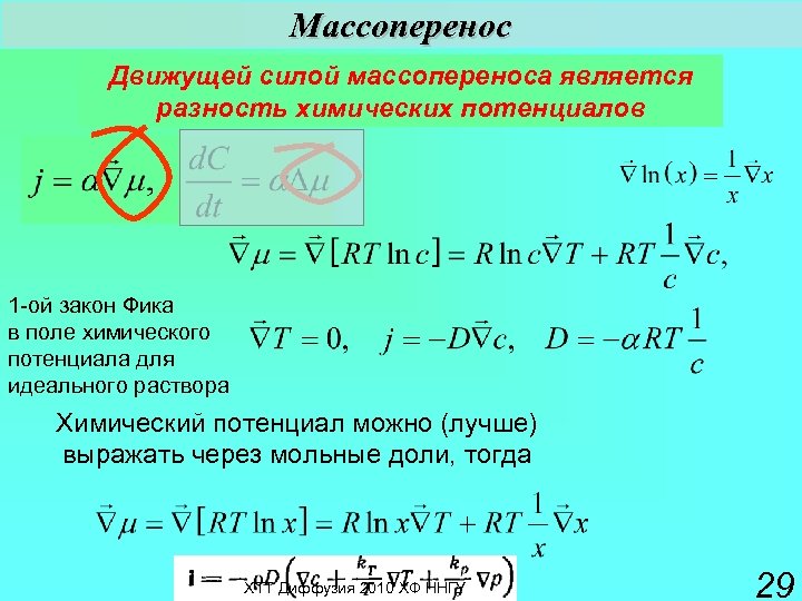 Массоперенос Движущей силой массопереноса является разность химических потенциалов 1 -ой закон Фика в поле